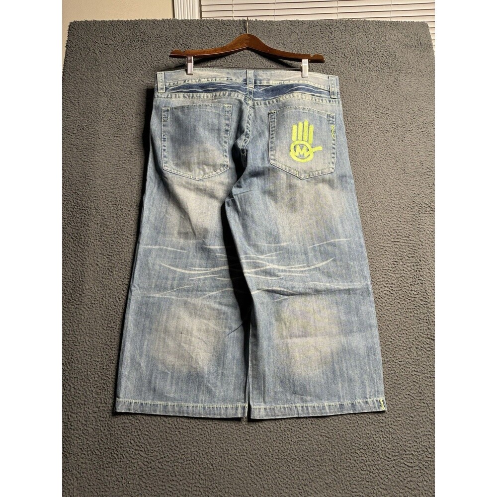 Miskeen Capri Jeans Mens 40 Blue Denim Baggy Hip Hop Y2K Skater Embroidered
